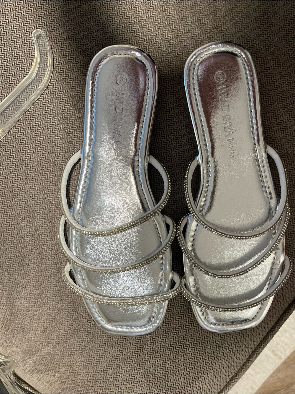 Wild Diva Silver Rhinestone Strappy Slide Mules